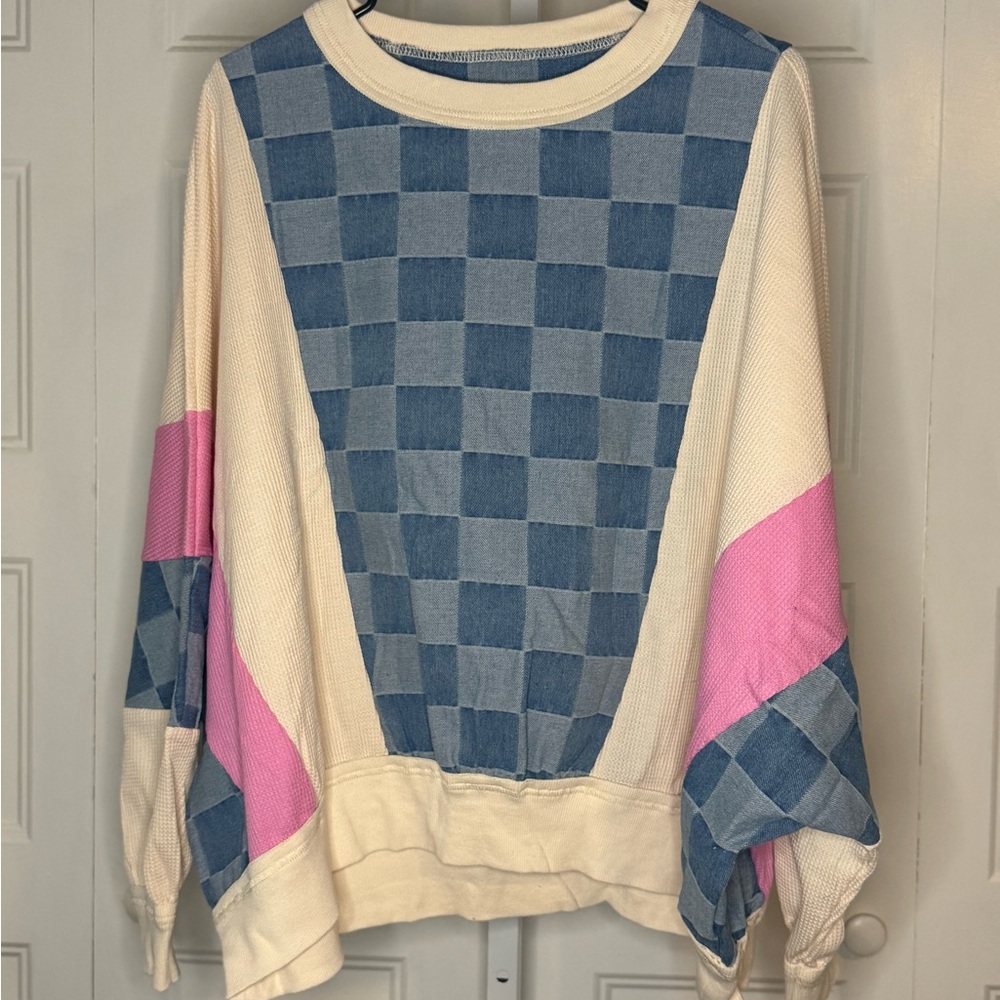 Women’s Colorblock Checker Pullover Sweatshirt - Blue, Cream & Pink